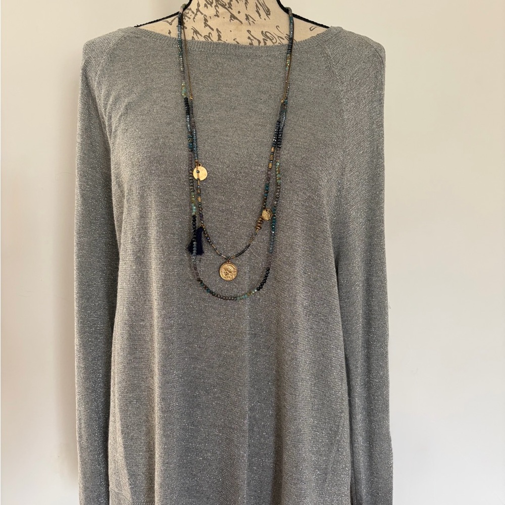 VINCE CAMUTO SILVER METALLIC OPEN LONG SLEEVE KNIT TOP